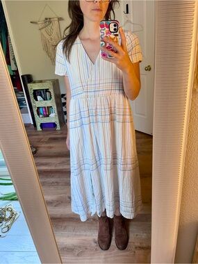 Madewell Linen Striped V-Neck Midi Dress